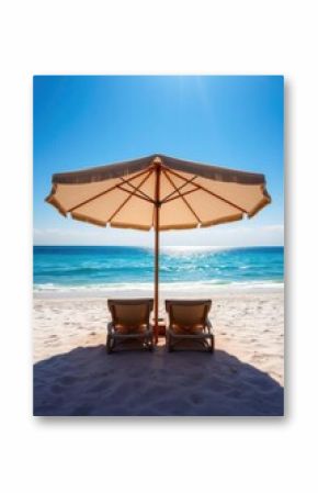 Beach Wallpaper of Blue sea and white sand beach with beach chairs and parasol beach wallpaper summer wallpaper beach background tropical nature