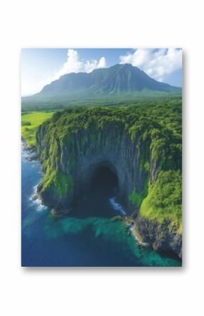 Lush green cliff with sea cave and mountain.