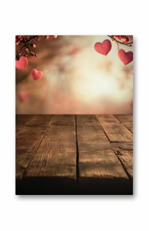 Empty old wooden table background with valentines day theme in background