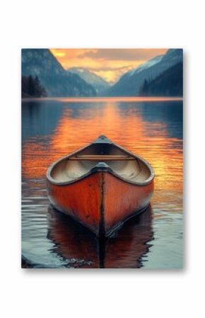 A lonely canoe gently rests on a calm mountain lake during sunset, reflecting a vibrant orange sky.