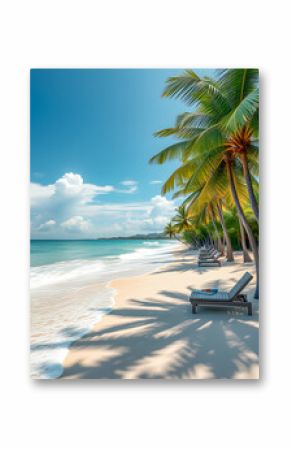 Beautiful palm tree on tropical island beach on background blue sky white clouds turquoise ocean on sunny day. Perfect natural landscape for summer vacation destination. Amazing nature wallpaper