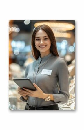 sale, shopping and business concept - happy female shop assistant with tablet pc computer name tag over jewelry store background