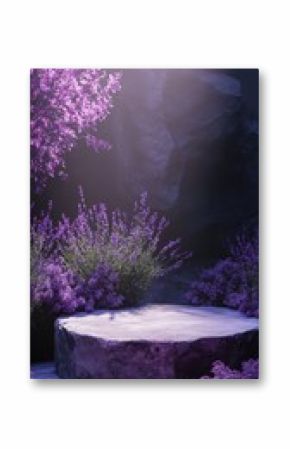 Lavender blossoms surround a serene stone pedestal in a tranquil garden at dusk