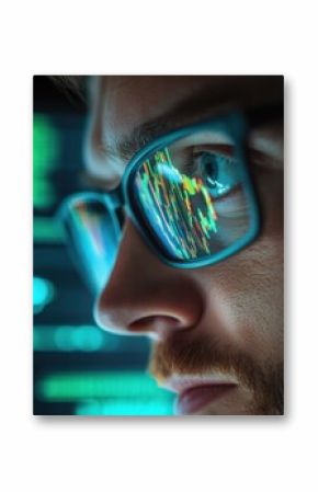 Focused crypto trader analyst wearing eyeglasses working looking at computer screen reflecting in glasses analyzing online trading stock exchange market data charts. Close up eye reflection.