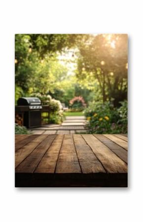 Wooden table in foreground with blurred garden barbecue and string lights in background