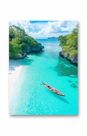 A boat is floating in a blue ocean near a beach