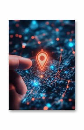 Geo locate and navigation concept with man finger on digital screen with glowing pinpoint icon