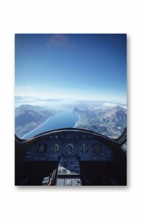 Pilot viewpoint of stunning mountain landscape and ocean from an aircraft cockpit high above the earth. Generative AI