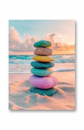 Zen Stack of Colorful Rocks on Beach