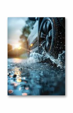 Dynamic Car Tire Driving Through Puddle Showcasing Superior Wet Condition Traction
