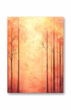 Gentle Orange Watercolor Backdrop, Tall Plants Ink Drawing, Pastel Colors, Watercolor Style