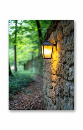 Vintage wall lantern illuminate a stone abandoned wall surrounded by leaves, trees and greenery. An atmosphere of solitude and nostalgia.