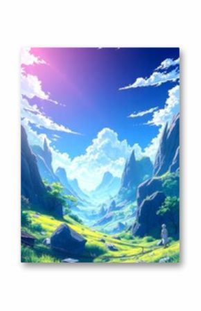  Sunlit Fantasy Valley anime isekai nature Landscape with Lush Greenery and Majestic Mountains 