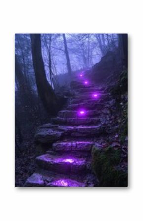 Enchanted forest pathway illuminated by soft purple lights during twilight in a serene natural setting