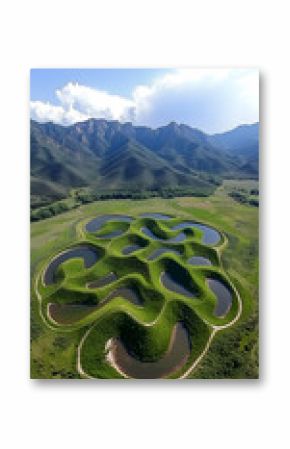 Aerial View of Serpentine Ponds and Mountain Landscape