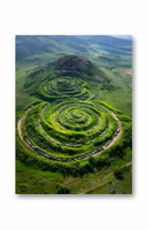 Aerial View of Concentric Spiral Paths on Lush Green Hillside