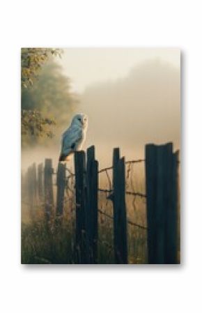 Snowy owl perched on a rustic fence during a misty sunrise serenity