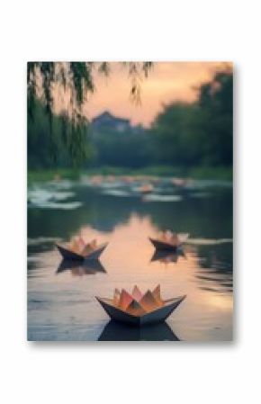 Elegant decorative paper boats drifting calmly on a peaceful river at dusk during qingming festival