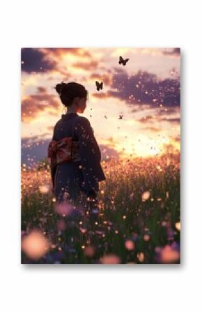 Girl among flowers and falling stars. This magnificent painting transports you to a fairy-tale world where a Japanese girl stands among flowers and fluttering butterflies.  