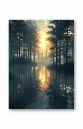 Savoring the Beauty of a Serene Sunrise Over a Misty Forest Alongside Its Stunning Reflection in Nearby Calm Waters
