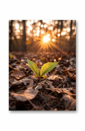 Green Seedling Emerging from Brown Leaves at Sunrise