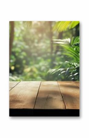 Natural Forest Background With Wooden Table and Lush Green Foliage in Soft Morning Light