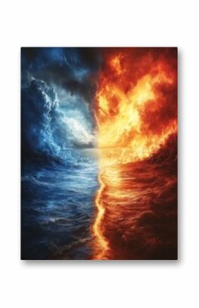 Dramatic Ocean Landscape Divided by Fire and Ice Showcasing Contrasting Elements of Nature in a Powerful Visual Display