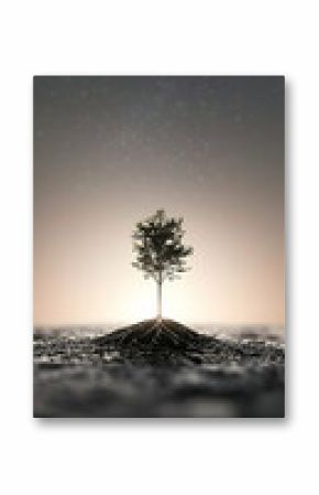 Silhouette of a Small Tree on a Hill Under a Starry Night Sky