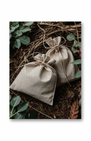 Naturally crafted bags resting on the forest floor surrounded by greenery during a serene moment in nature