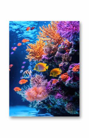 Vibrant coral reef with colorful fish swimming among corals, showcasing lively underwater ecosystem filled with diverse marine life and stunning hues