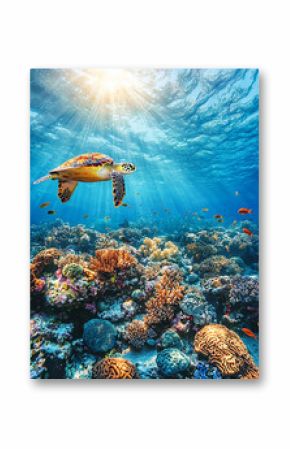 A breathtaking underwater scene of a vibrant coral reef, filled with colorful fish, sea turtles and crystal-clear blue water