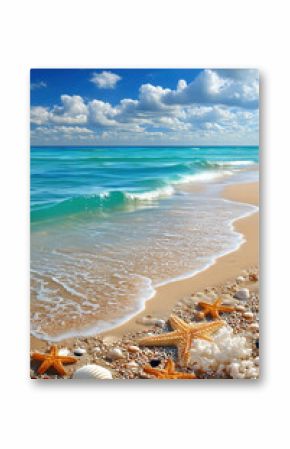 Starfish and seashells on golden beach with turquoise ocean and soft waves under dramatic sky. For travel ads, summer posters, vacation flyers, and summer design.