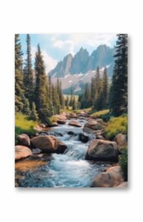 Mountain stream cascades over rocks surrounded by tall evergreen trees under a clear blue sky in a scenic alpine landscape.