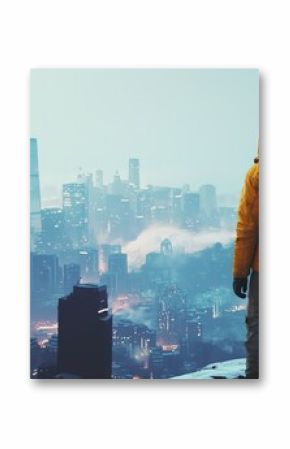 Mężczyzna z futurystycznym plecakiem na szczycie góry patrzący na zadymione miasto. Perspektywa z góry.