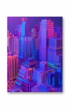 Duże cyfrowe miasto wypełnione wysokimi budynkami w stylu neon cyberpunk