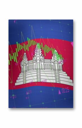 Financial data processing against waving flag of cambodia in background