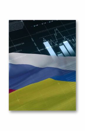 Image of financial data processing over flags of russia and ukraine