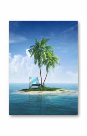 Desert tropical island with palm tree, chaise lounge.