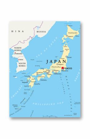 Japan political map with capital Tokyo, national borders and important cities. English labeling and scaling. Illustration.