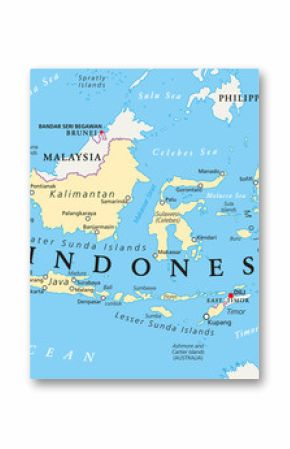 Indonesia political map with capital Jakarta, national borders and important cities. English labeling and scaling. Illustration.