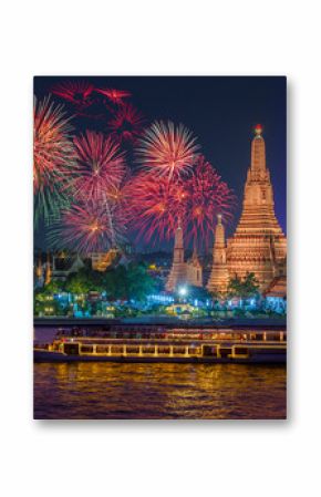 Wat arun and cruise ship in night time under new year celebration, Bangkok city ,Thailand