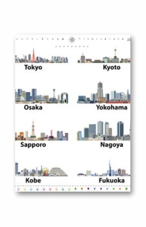ilustracji wektorowych japońskich linii horyzontu miasta z ikonami lokalizacji, nawigacji i podróży  flaga i mapa Japonii