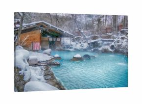 Shirahone onsen white bone hot spring with fog and snow in autumn, Japan