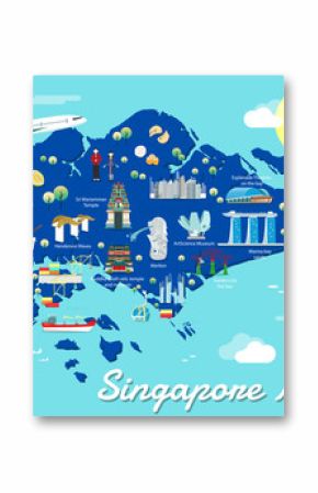Singapore map with colorful landmarks illustration design