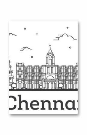 Outline Chennai India City Skyline with Historic Buildings Isolated on White.