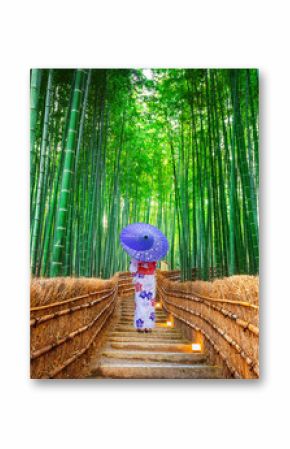 Bamboo Forest. Asian woman wearing japanese traditional kimono at Bamboo Forest in Kyoto, Japan.