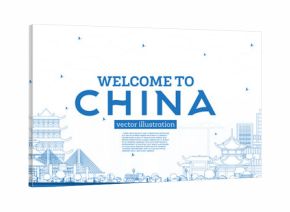 Outline Welcome to China Skyline with Blue Buildings. Famous Landmarks in China.