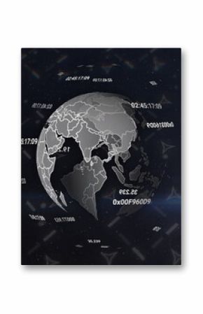 Rotating grayscale 3D globe displaying Asia in virtual data space, with floating alphanumeric codes