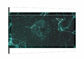 Displaying Asia-focused dotted wireframe globe at network interface, with teal nodes, data points
