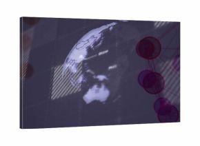 Displaying 3D globe highlighting Asia-Pacific region on tech interface, with network node circles
